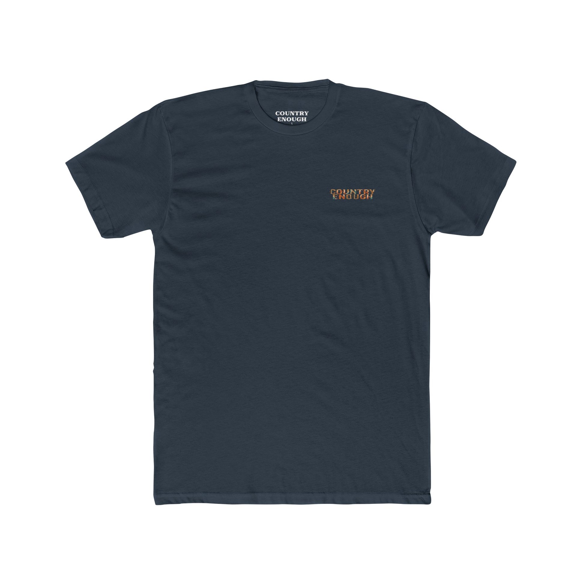Indigo t-shirt with graphic of a campfire, bird, sun, cacti, and mountains in the desert with the words roam wide #indigo