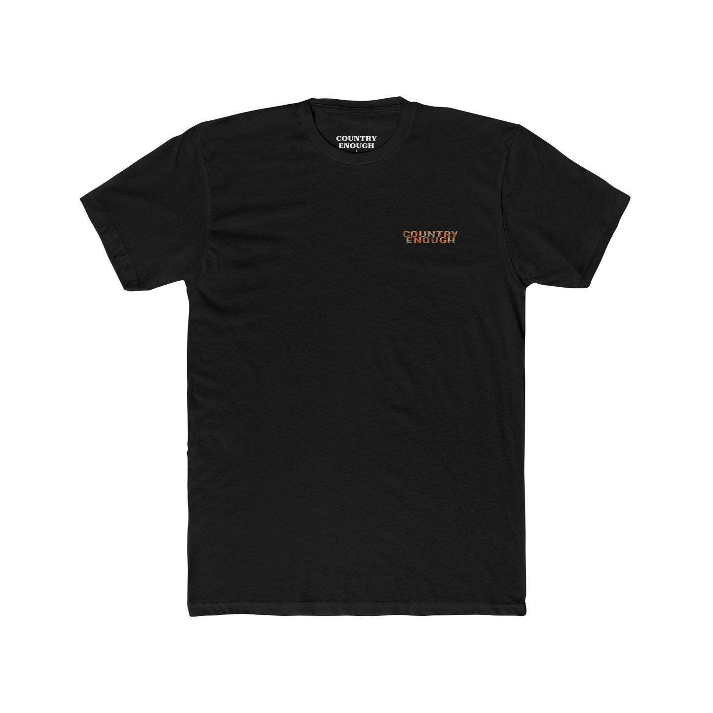 Black t-shirt with graphic of a campfire, bird, sun, cacti, and mountains in the desert with the words roam wide #black