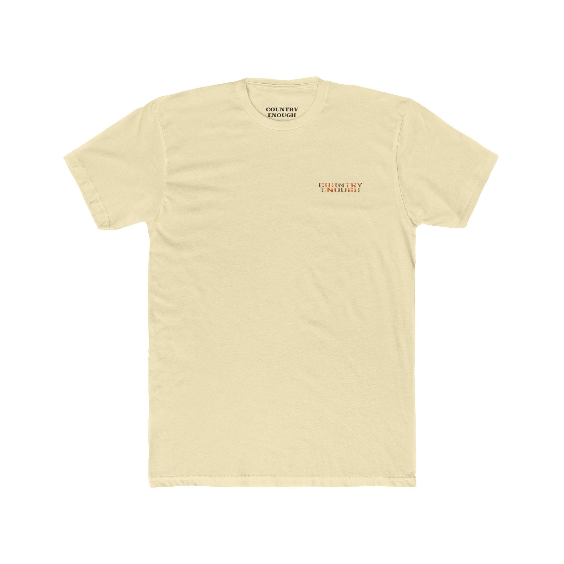 Natural t-shirt with graphic of a campfire, bird, sun, cacti, and mountains in the desert with the words roam wide #natural
