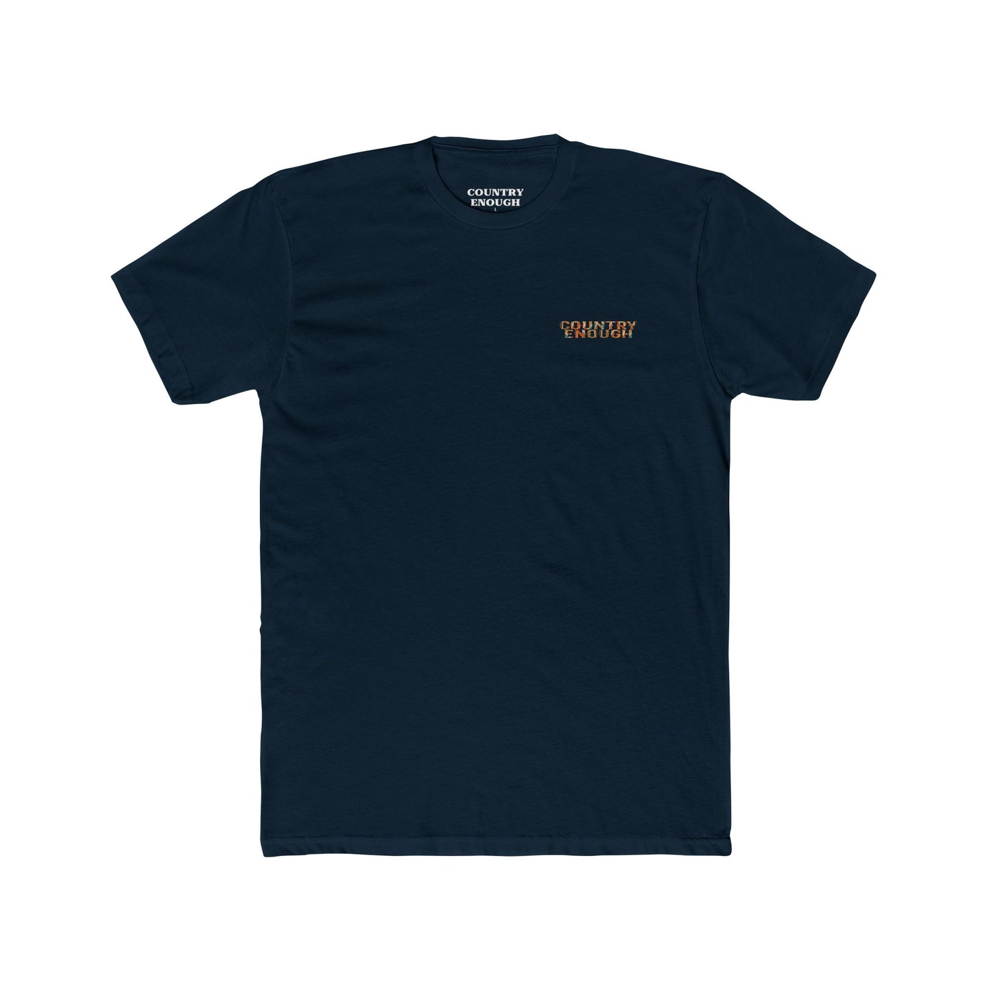 Midnight Navy t-shirt with graphic of a campfire, bird, sun, cacti, and mountains in the desert with the words roam wide #midnightnavy