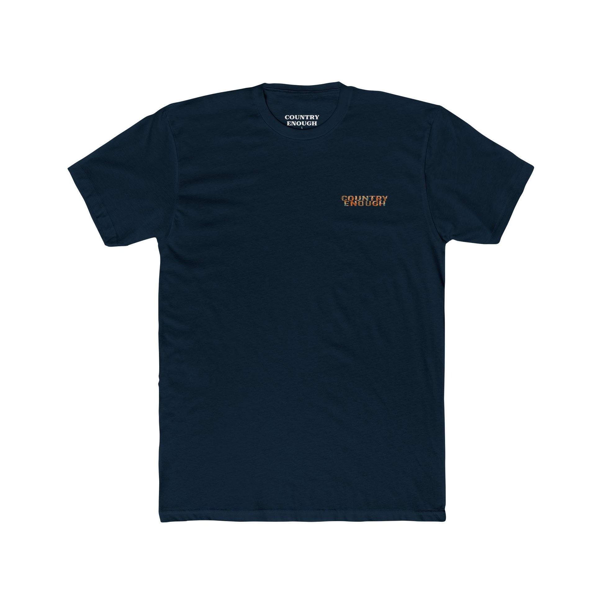 Midnight Navy t-shirt with graphic of a campfire, bird, sun, cacti, and mountains in the desert with the words roam wide #midnightnavy
