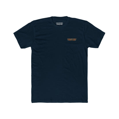 Midnight Navy t-shirt with graphic of a campfire, bird, sun, cacti, and mountains in the desert with the words roam wide #midnightnavy