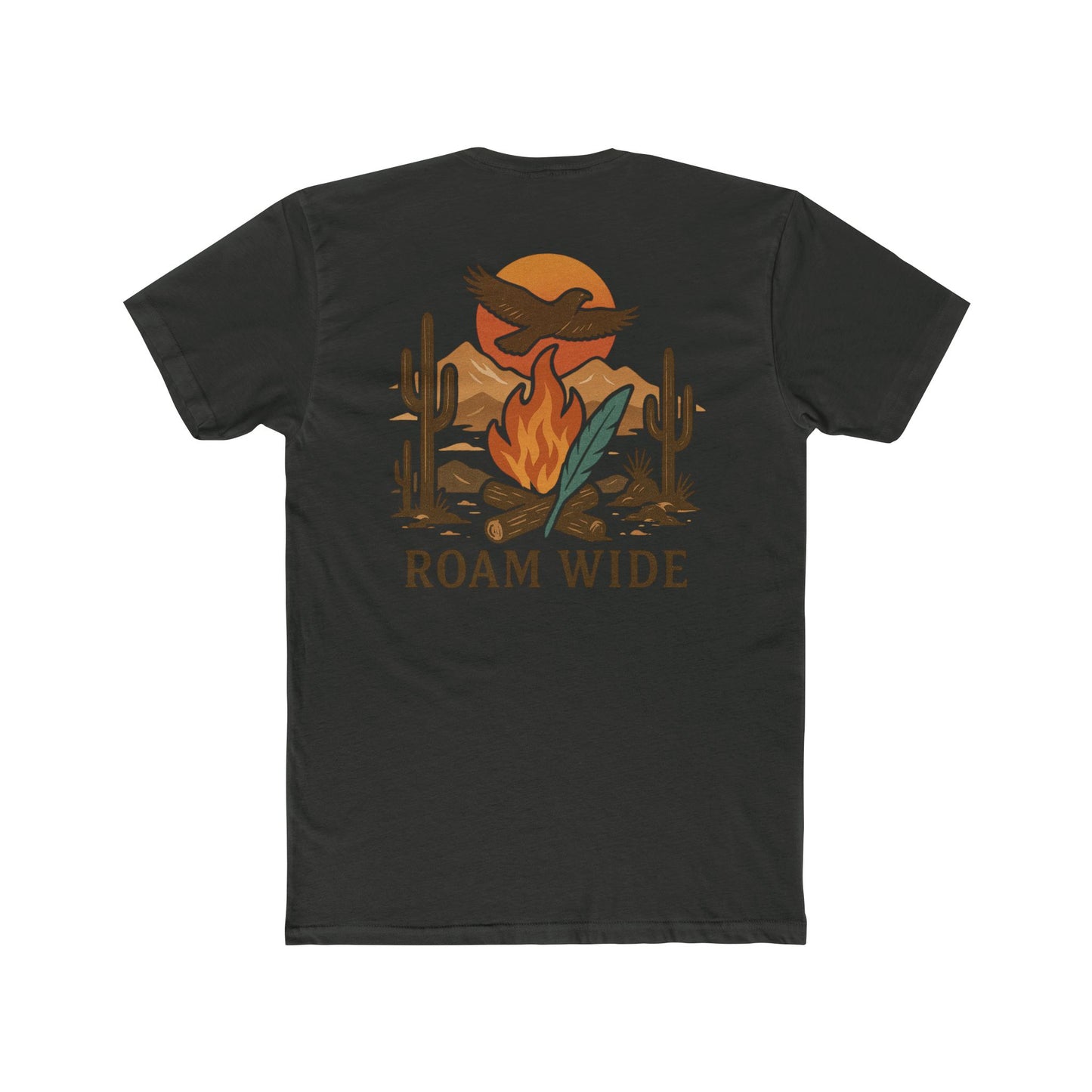 Vintage Black t-shirt with graphic of a campfire, bird, sun, cacti, and mountains in the desert with the words roam wide #vintageblack