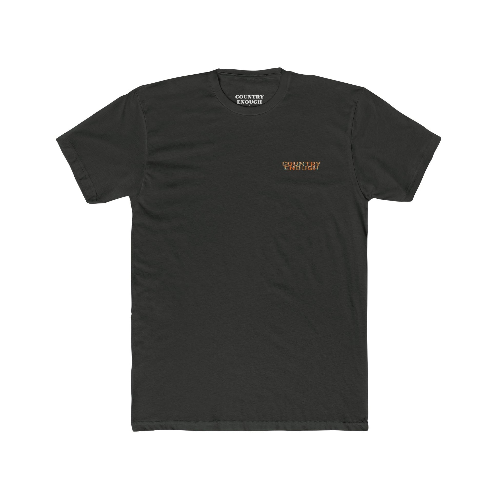 Vintage Black t-shirt with graphic of a campfire, bird, sun, cacti, and mountains in the desert with the words roam wide #vintageblack