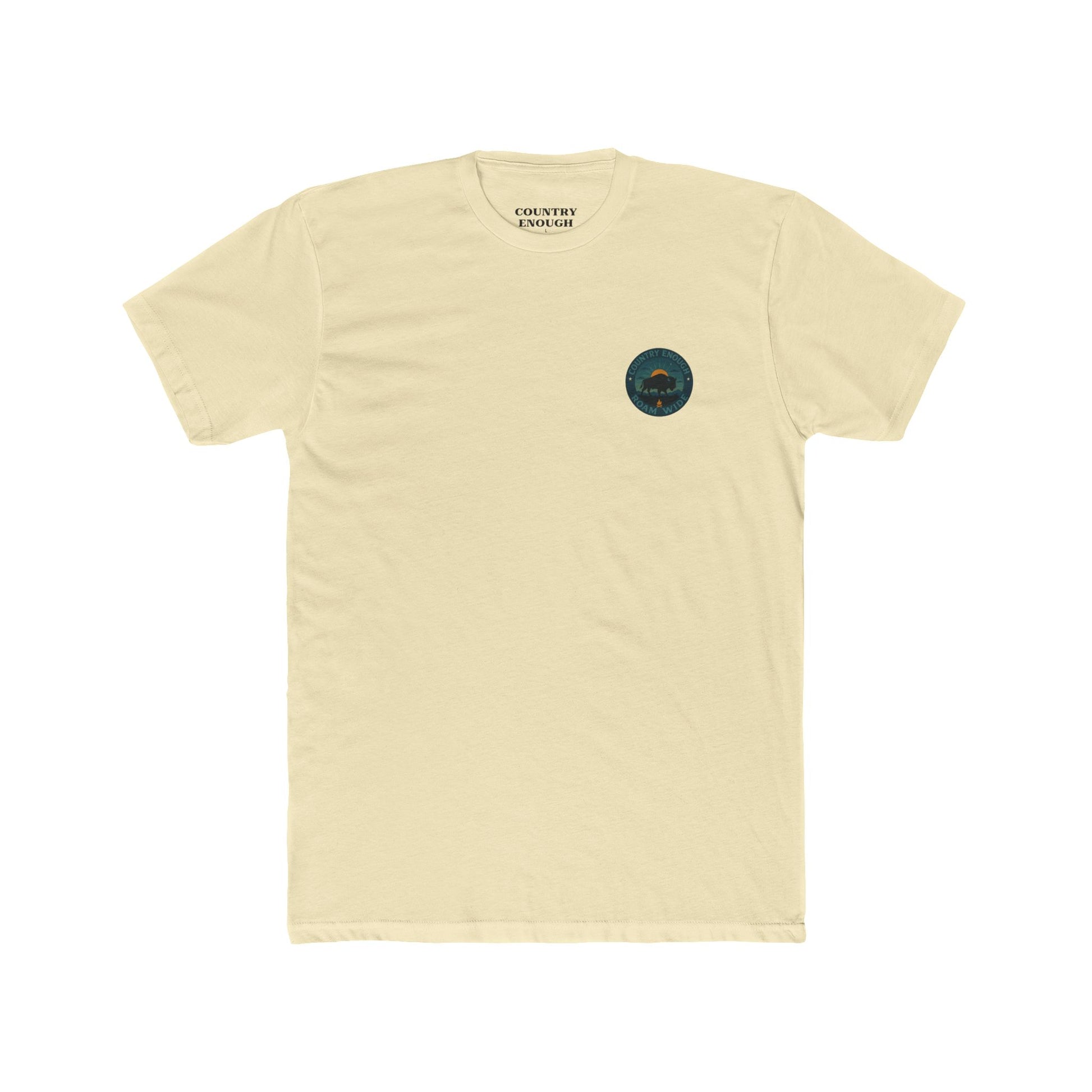 Natural T-Shirt with graphic of bison, sun, mountains, and the words roam wide #natural