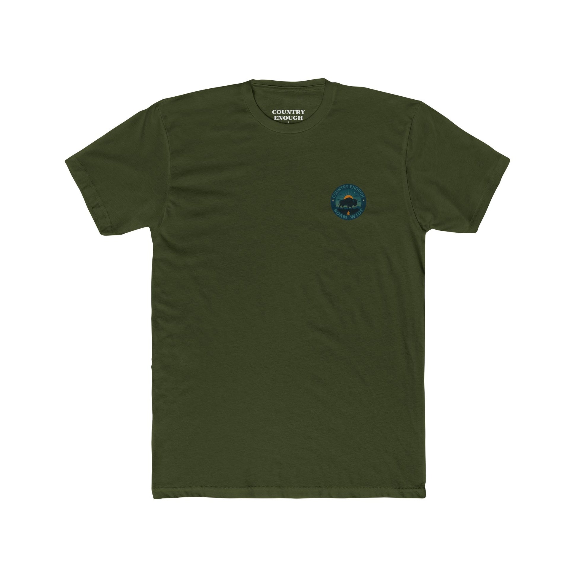 Military Green T-Shirt with graphic of bison, sun, mountains, and the words roam wide #militarygreen