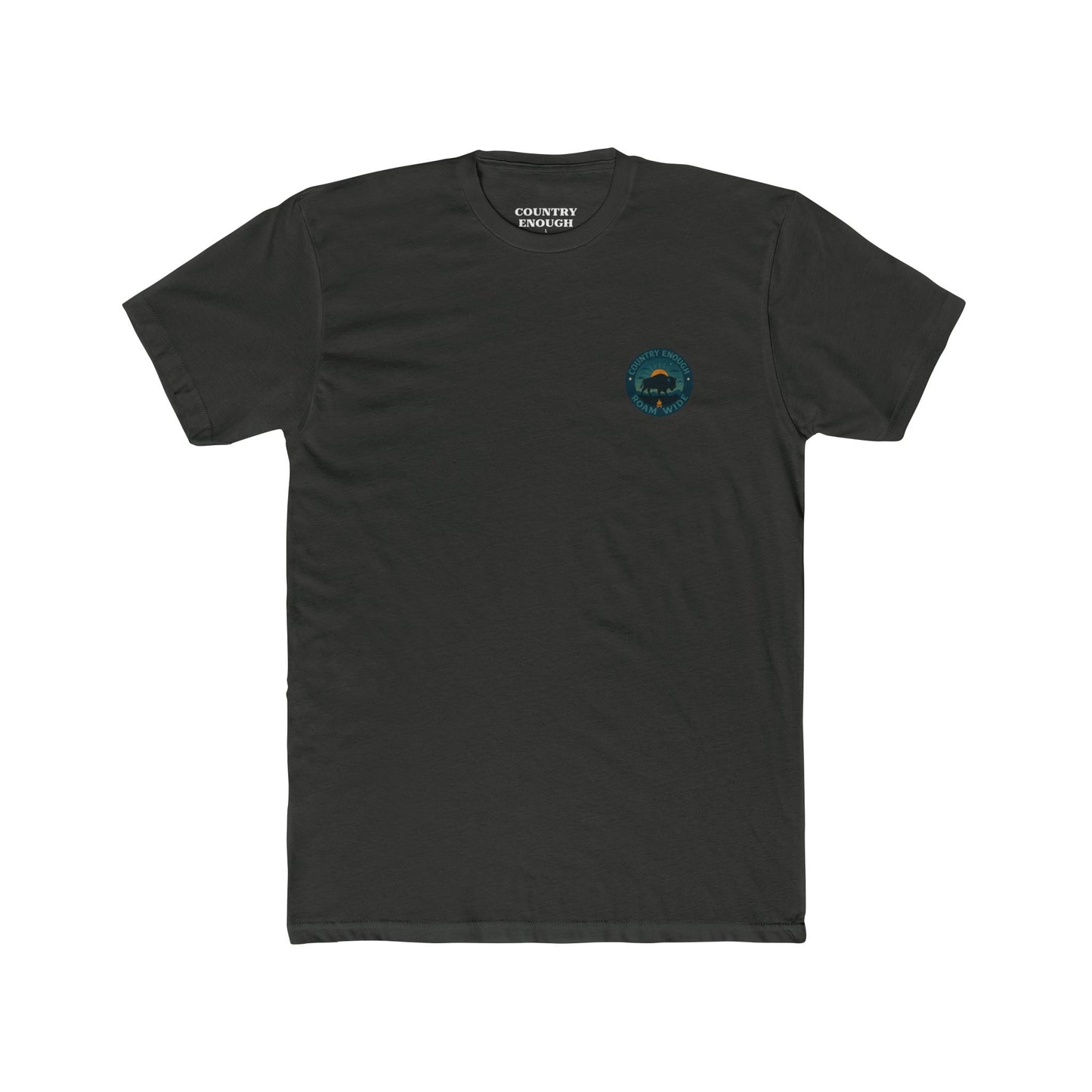 Vintage Black T-Shirt with graphic of bison, sun, mountains, and the words roam wide #vintageblack