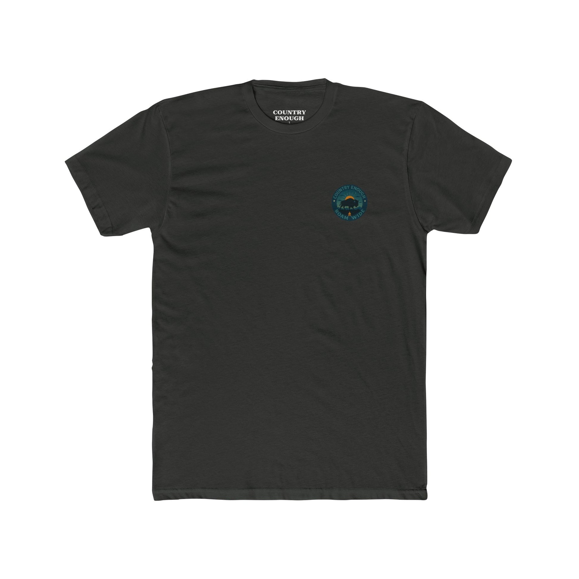 Vintage Black T-Shirt with graphic of bison, sun, mountains, and the words roam wide #vintageblack
