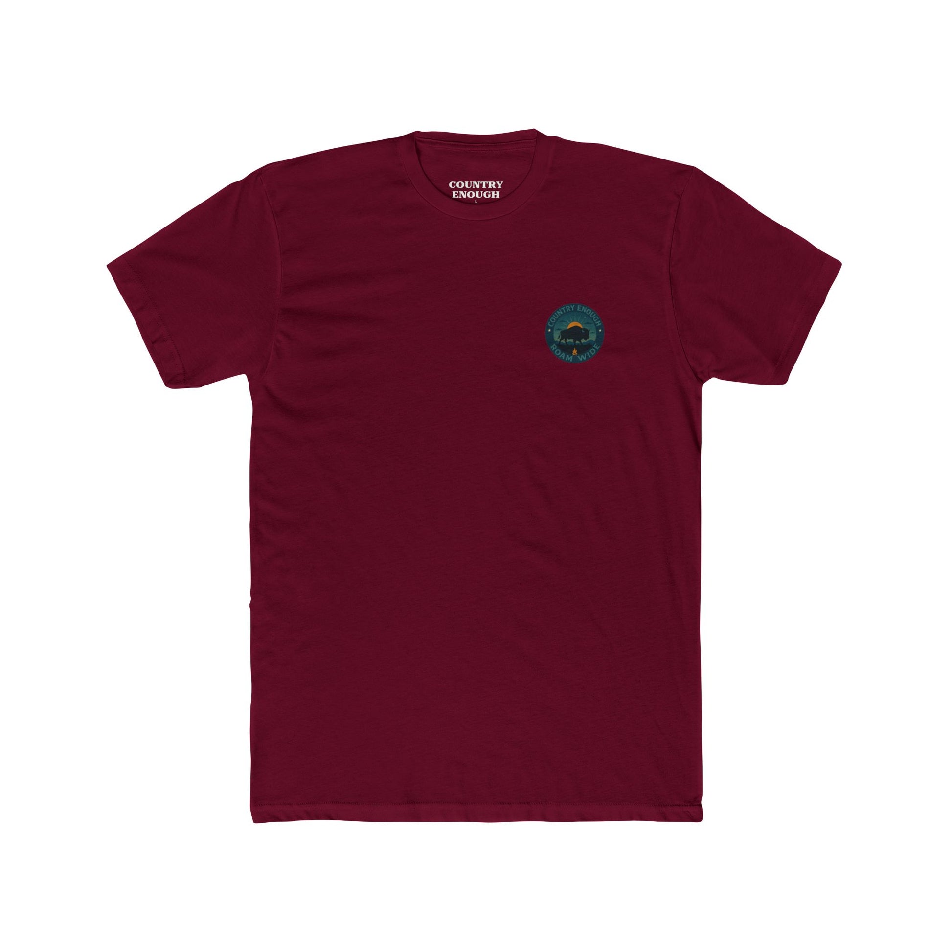 Cardinal Red T-Shirt with graphic of bison, sun, mountains, and the words roam wide #cardinalred