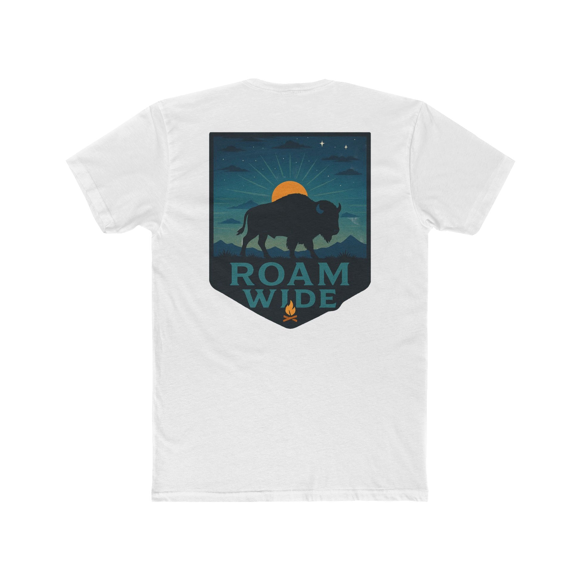White T-Shirt with graphic of bison, sun, mountains, and the words roam wide #white