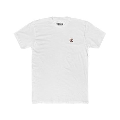 Men's t-shirt with graphic of bison, goat, and chicken on western landscape with scroll reading rooted in the west and CE logo #white