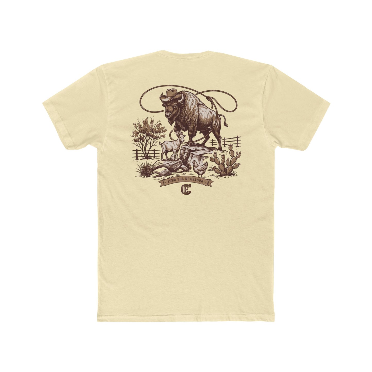 Men's t-shirt with graphic of bison, goat, and chicken on western landscape with scroll reading rooted in the west and CE logo #solidnatural