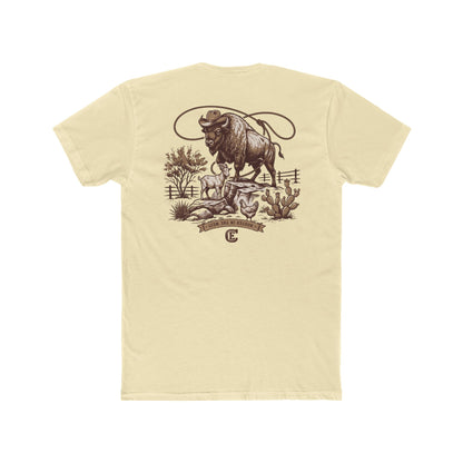 Men's t-shirt with graphic of bison, goat, and chicken on western landscape with scroll reading rooted in the west and CE logo #solidnatural