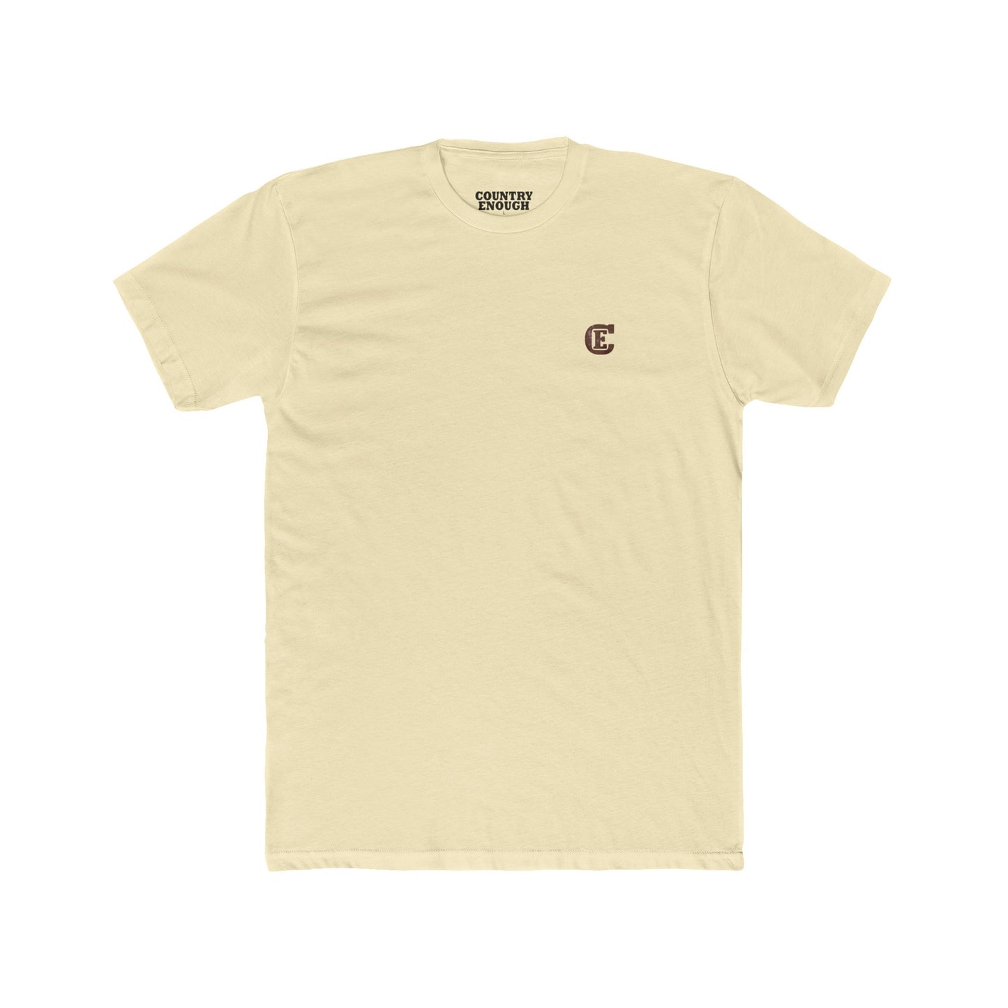 Men's t-shirt with graphic of bison, goat, and chicken on western landscape with scroll reading rooted in the west and CE logo #solidnatural