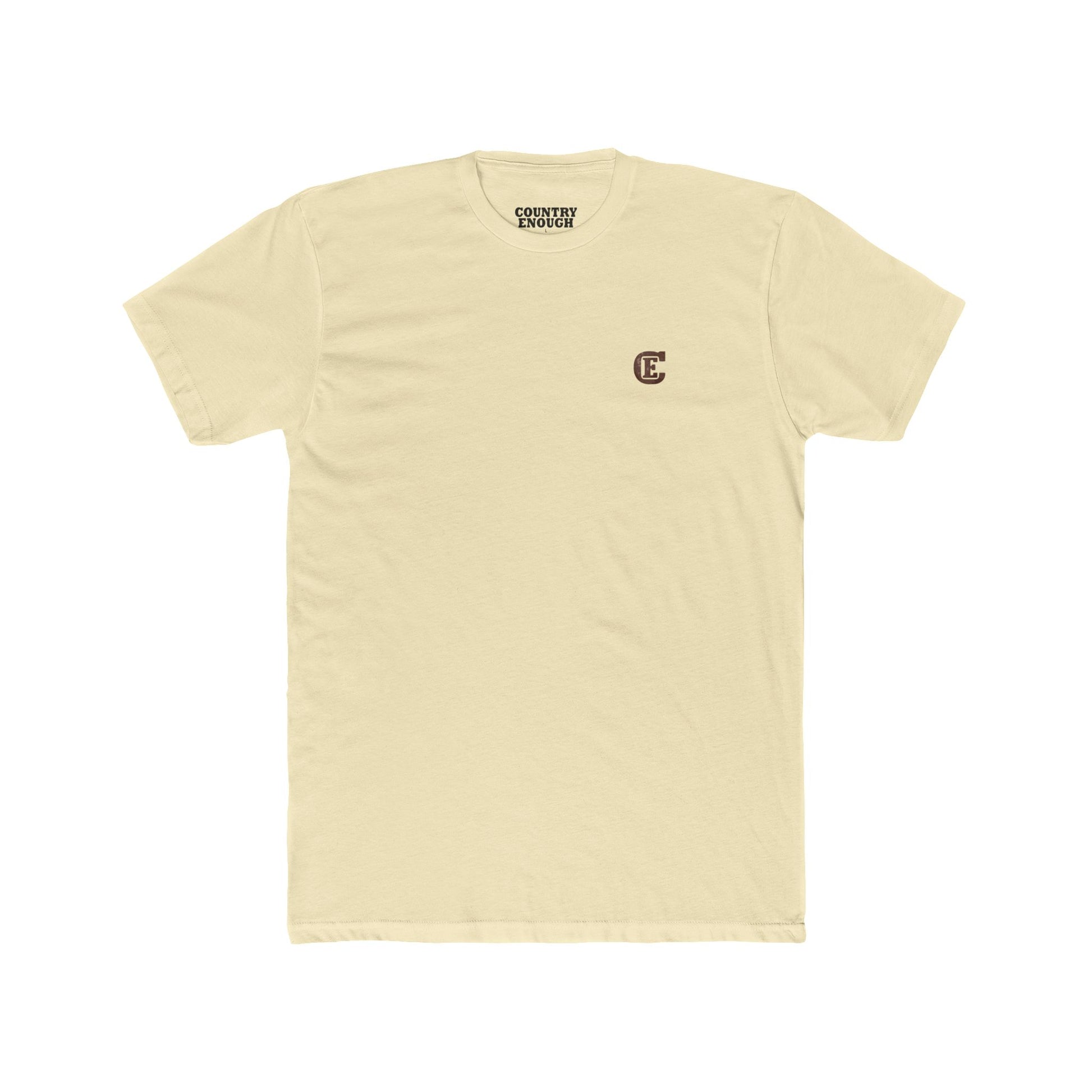 Men's t-shirt with graphic of bison, goat, and chicken on western landscape with scroll reading rooted in the west and CE logo #solidnatural