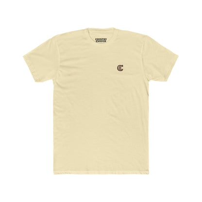 Men's t-shirt with graphic of bison, goat, and chicken on western landscape with scroll reading rooted in the west and CE logo #solidnatural