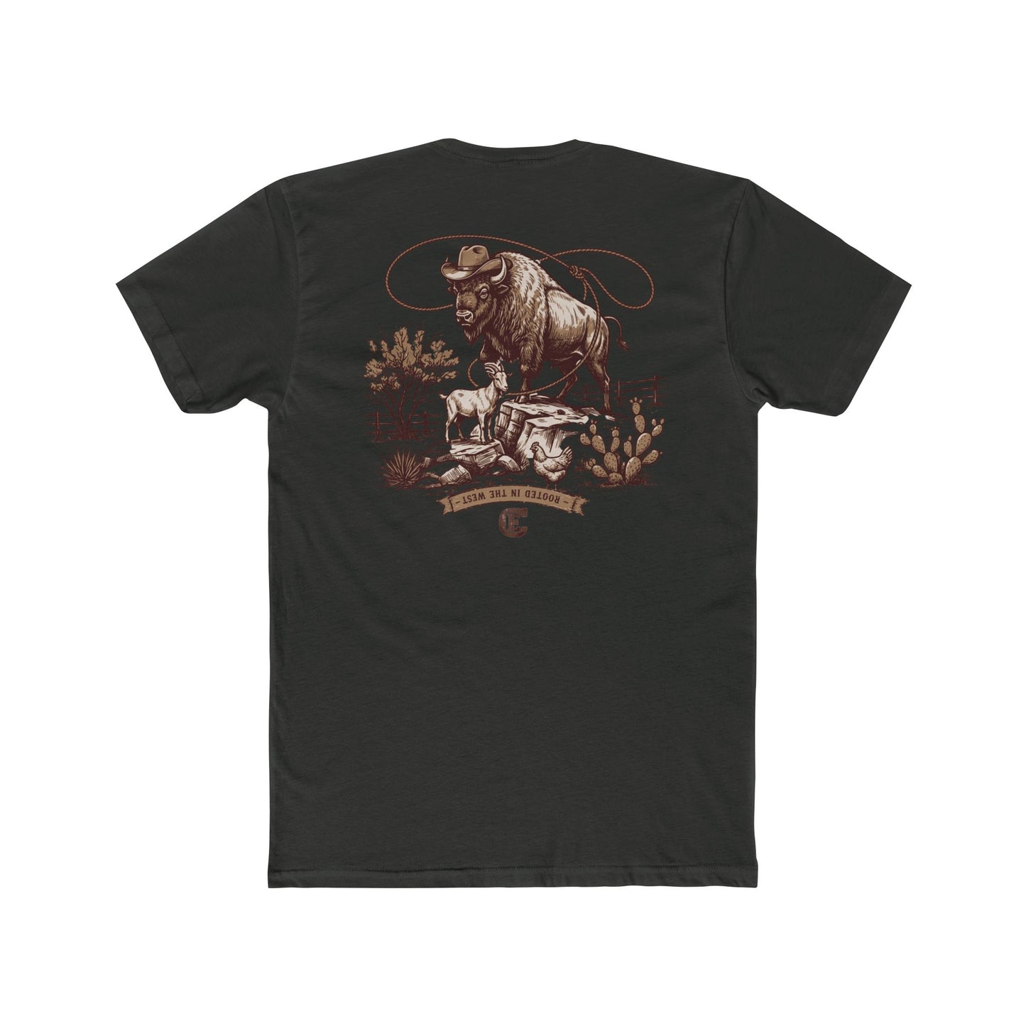 Men's t-shirt with graphic of bison, goat, and chicken on western landscape with scroll reading rooted in the west and CE logo #vintageblack
