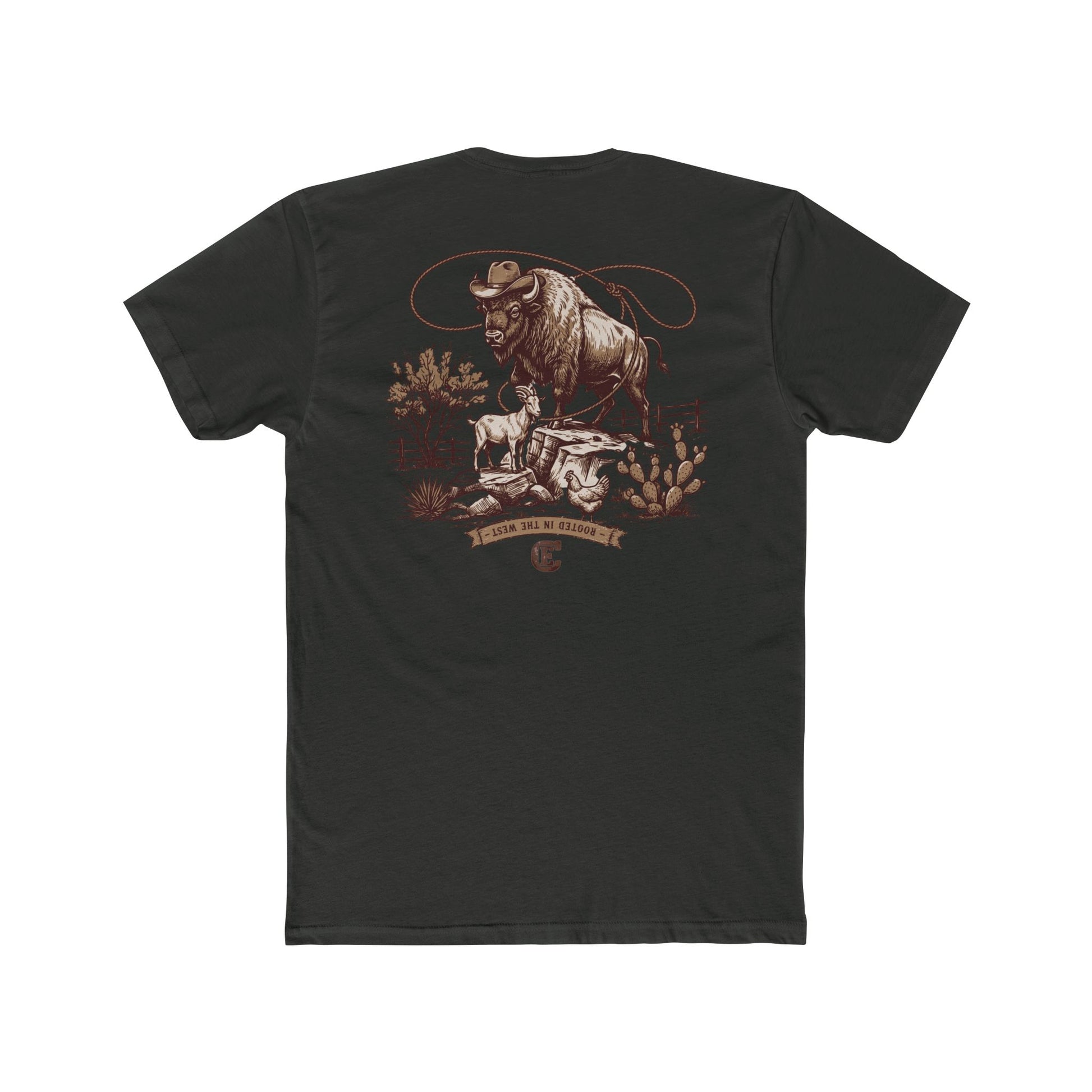 Men's t-shirt with graphic of bison, goat, and chicken on western landscape with scroll reading rooted in the west and CE logo #vintageblack