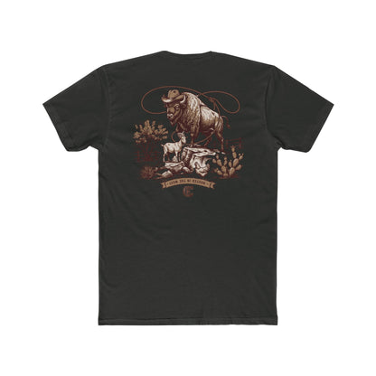 Men's t-shirt with graphic of bison, goat, and chicken on western landscape with scroll reading rooted in the west and CE logo #vintageblack