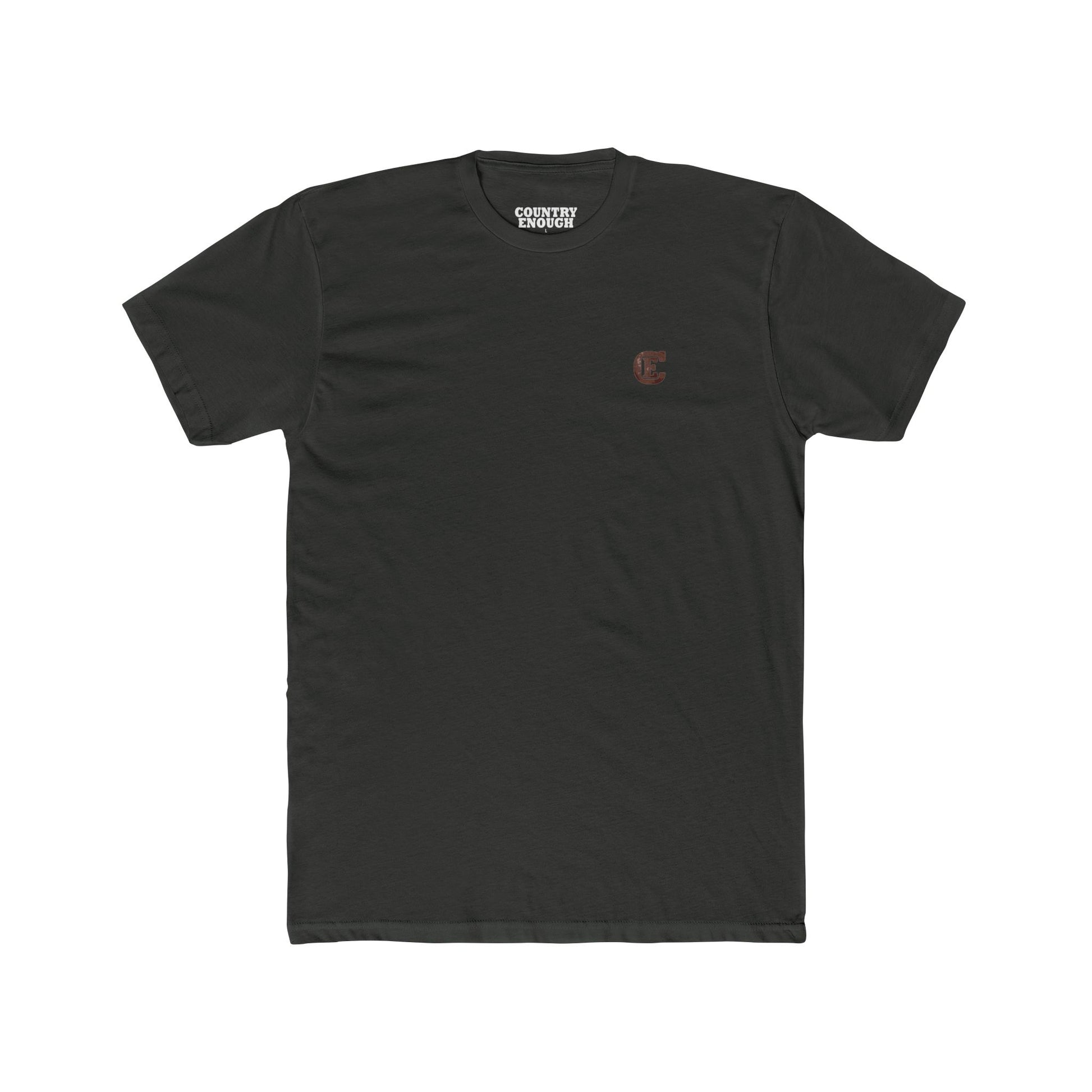 Men's t-shirt with graphic of bison, goat, and chicken on western landscape with scroll reading rooted in the west and CE logo #vintageblack