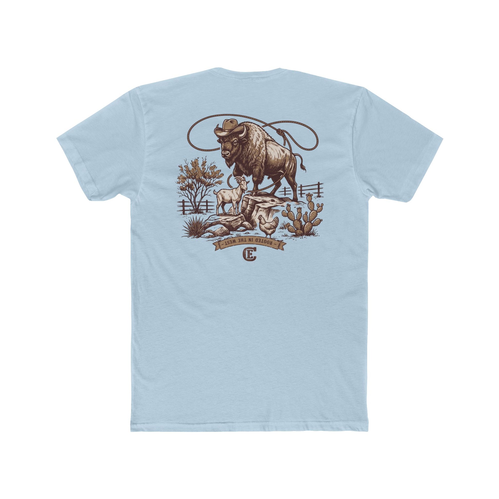 Men's t-shirt with graphic of bison, goat, and chicken on western landscape with scroll reading rooted in the west and CE logo #lightblue