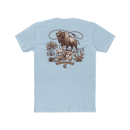 Men's t-shirt with graphic of bison, goat, and chicken on western landscape with scroll reading rooted in the west and CE logo #lightblue