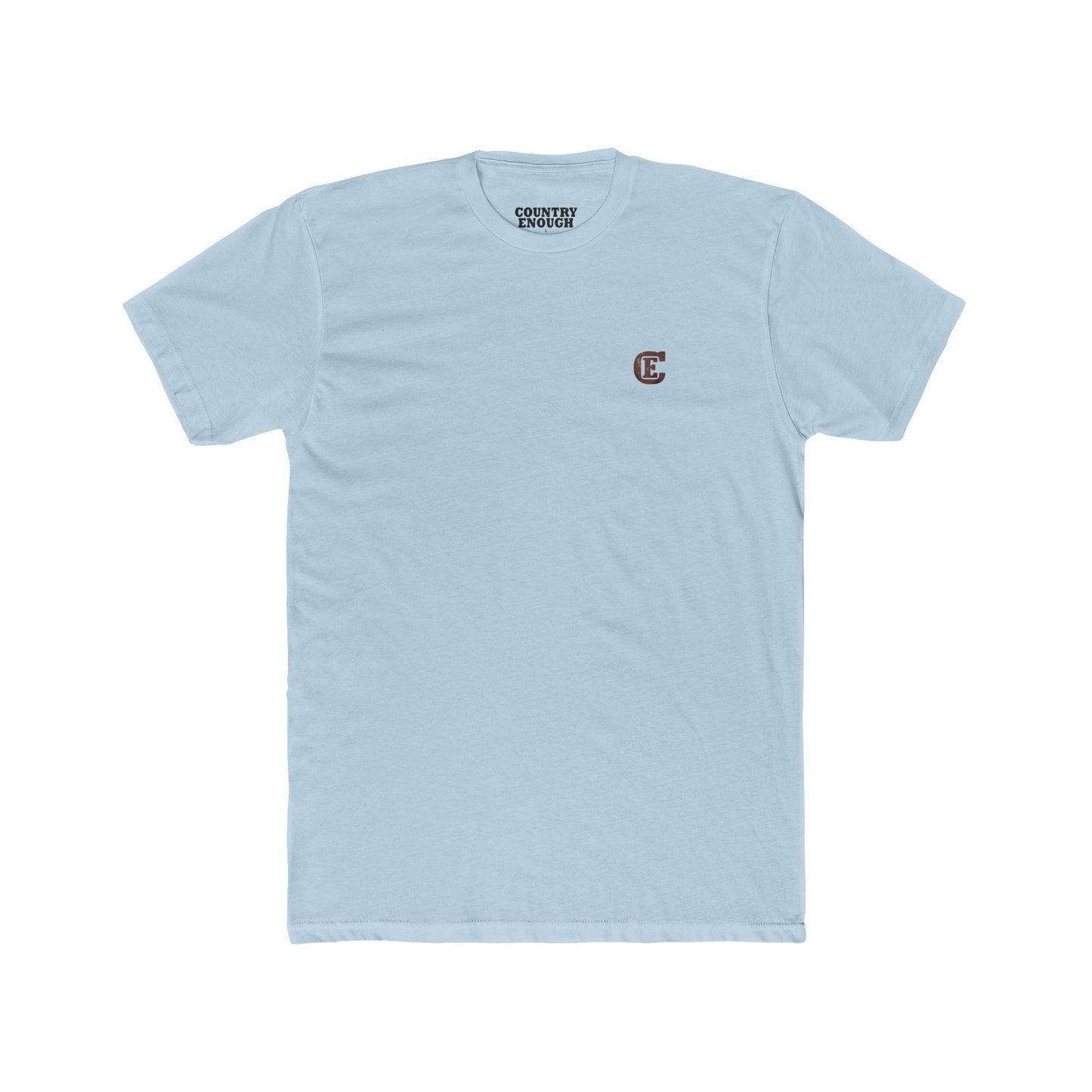 Men's t-shirt with graphic of bison, goat, and chicken on western landscape with scroll reading rooted in the west and CE logo #lightblue