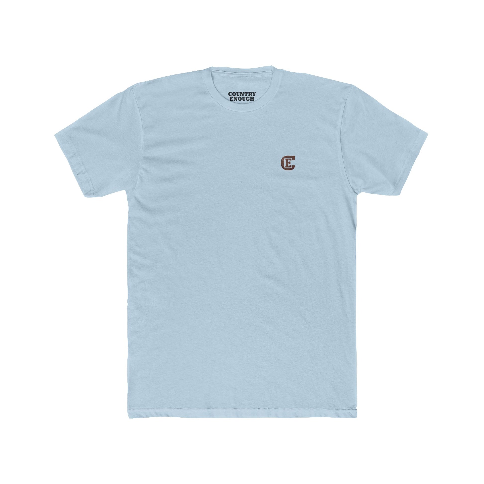 Men's t-shirt with graphic of bison, goat, and chicken on western landscape with scroll reading rooted in the west and CE logo #lightblue