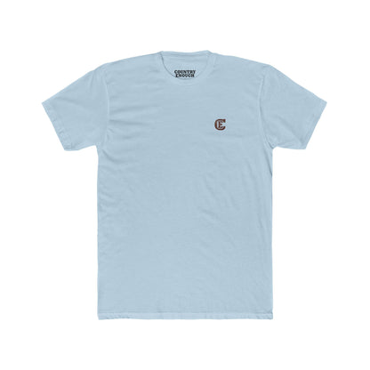 Men's t-shirt with graphic of bison, goat, and chicken on western landscape with scroll reading rooted in the west and CE logo #lightblue