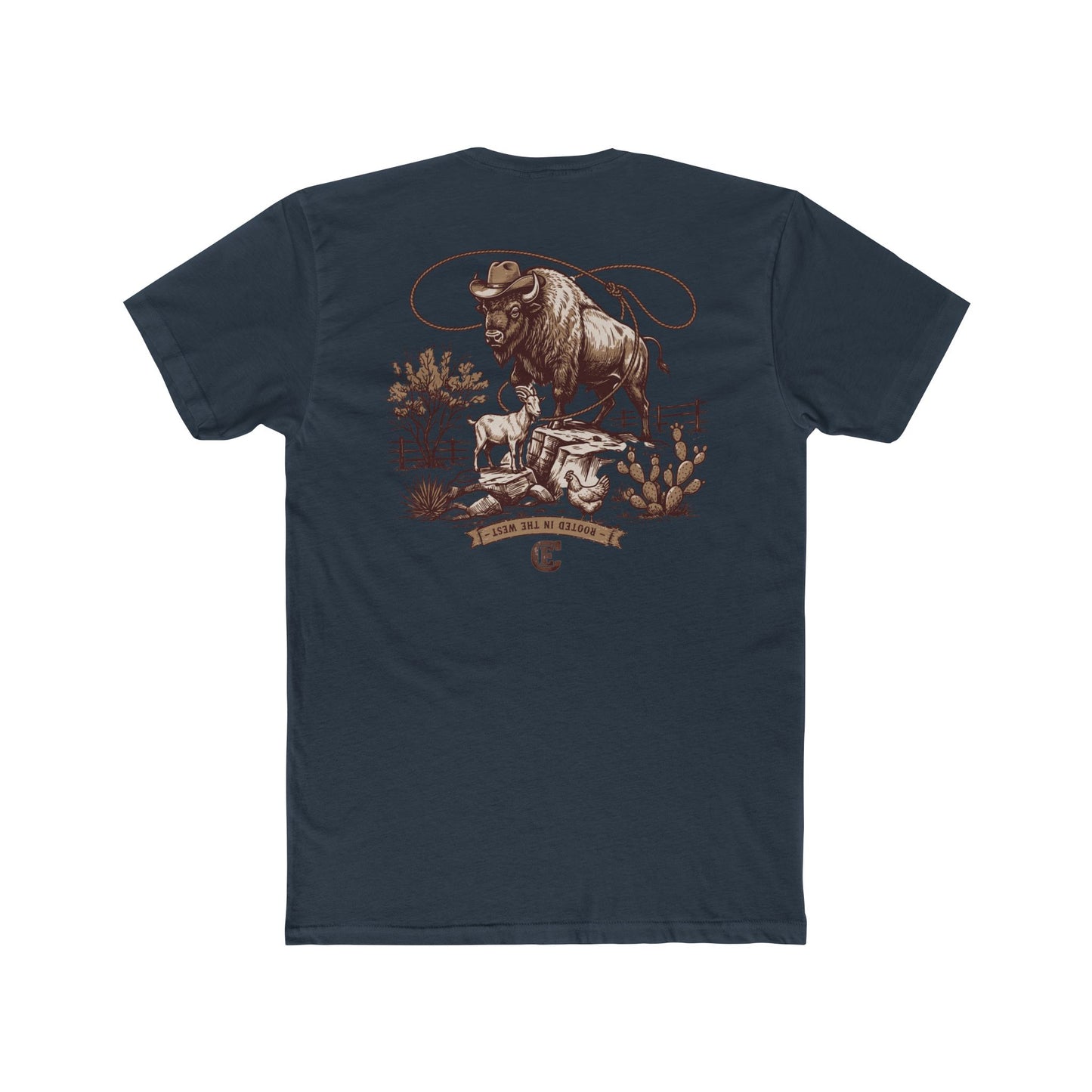 Men's t-shirt with graphic of bison, goat, and chicken on western landscape with scroll reading rooted in the west and CE logo #indigo