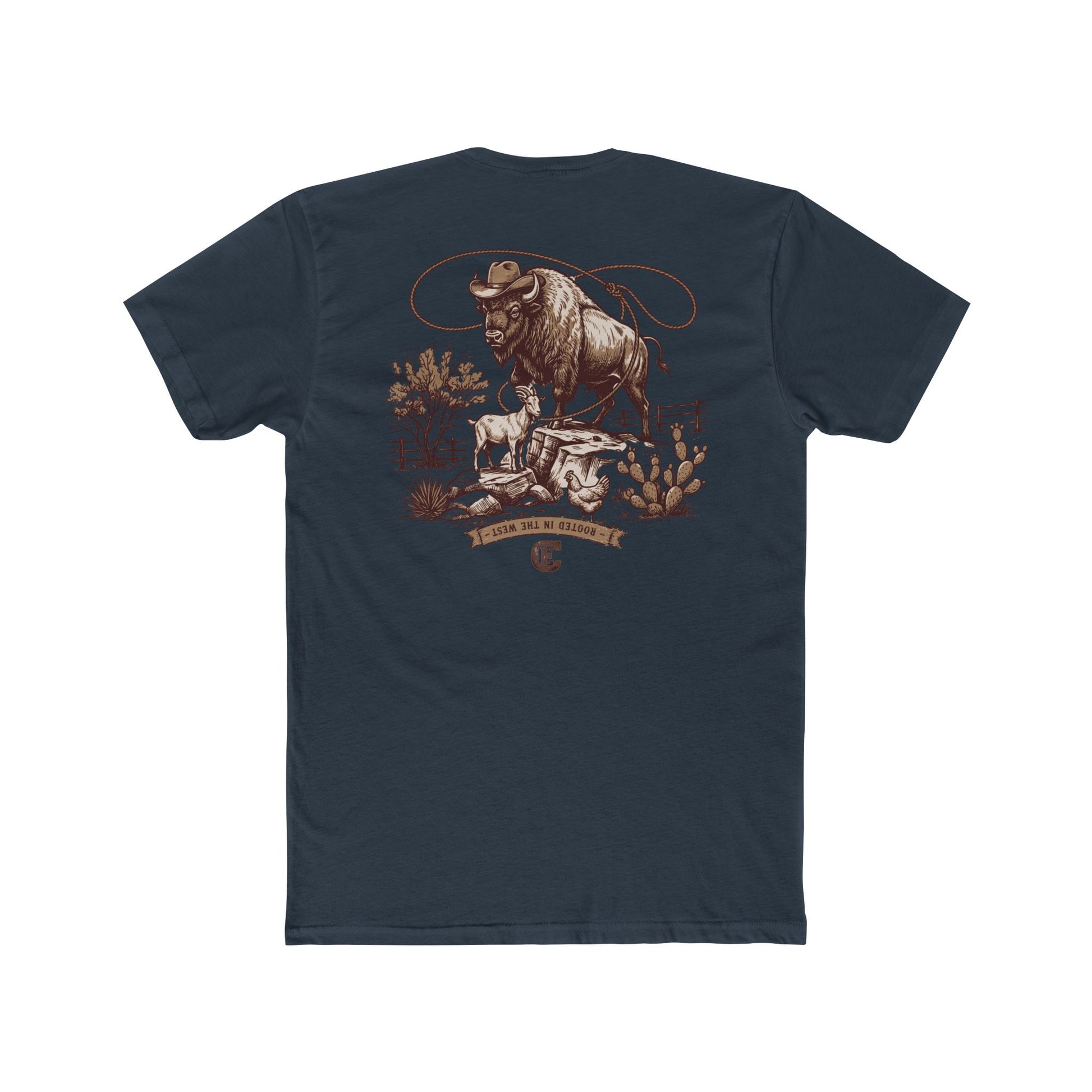 Men's t-shirt with graphic of bison, goat, and chicken on western landscape with scroll reading rooted in the west and CE logo #indigo