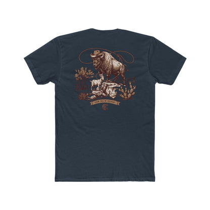Men's t-shirt with graphic of bison, goat, and chicken on western landscape with scroll reading rooted in the west and CE logo #indigo
