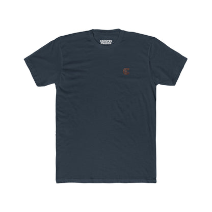 Men's t-shirt with graphic of bison, goat, and chicken on western landscape with scroll reading rooted in the west and CE logo #indigo