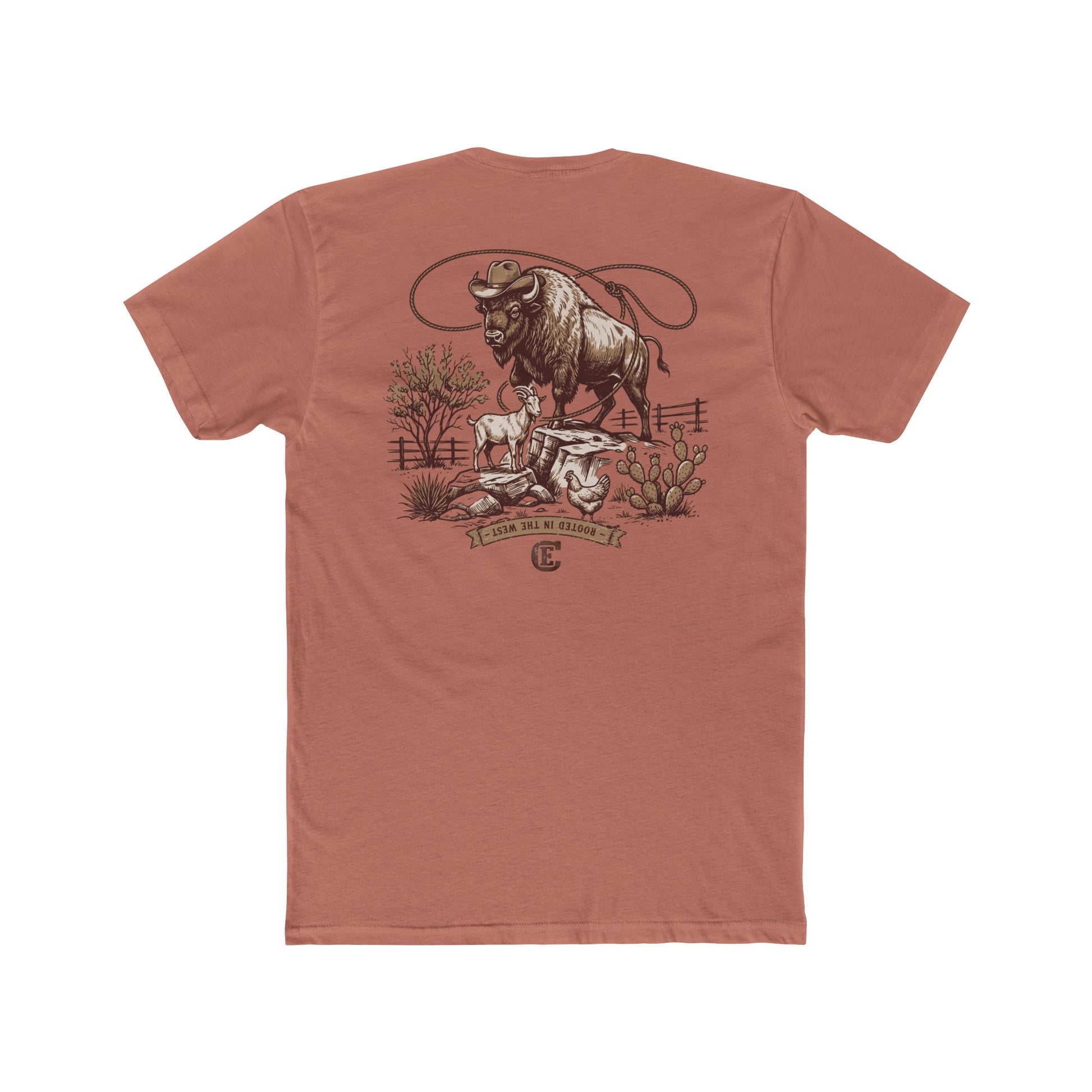 Men's t-shirt with graphic of bison, goat, and chicken on western landscape with scroll reading rooted in the west and CE logo #desertpink
