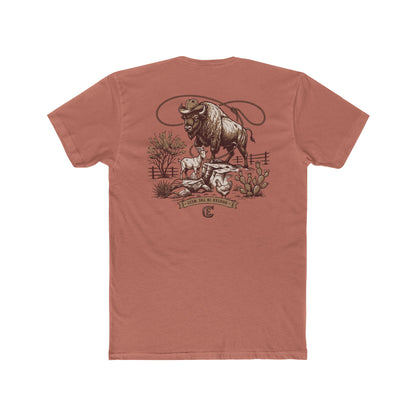 Men's t-shirt with graphic of bison, goat, and chicken on western landscape with scroll reading rooted in the west and CE logo #desertpink