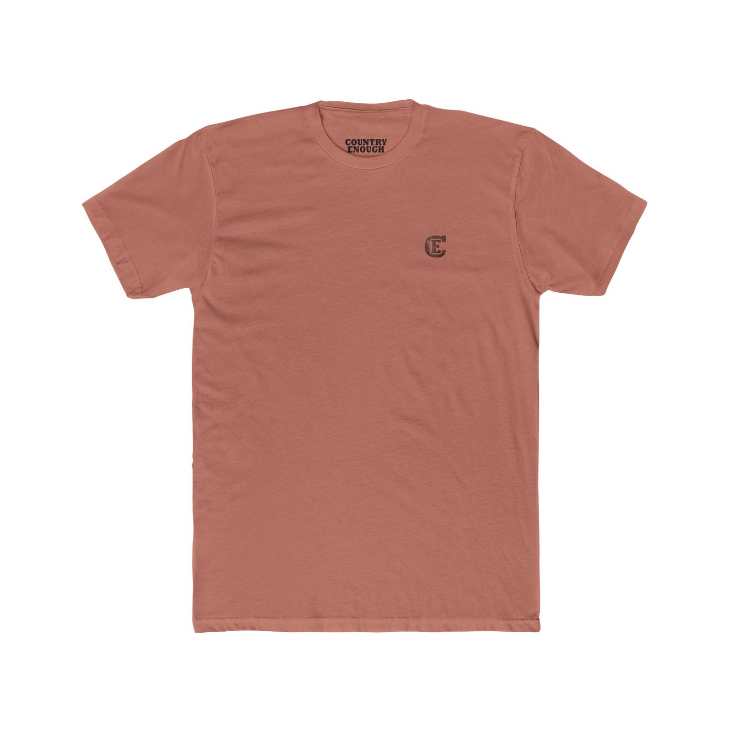 Men's t-shirt with graphic of bison, goat, and chicken on western landscape with scroll reading rooted in the west and CE logo #desertpink
