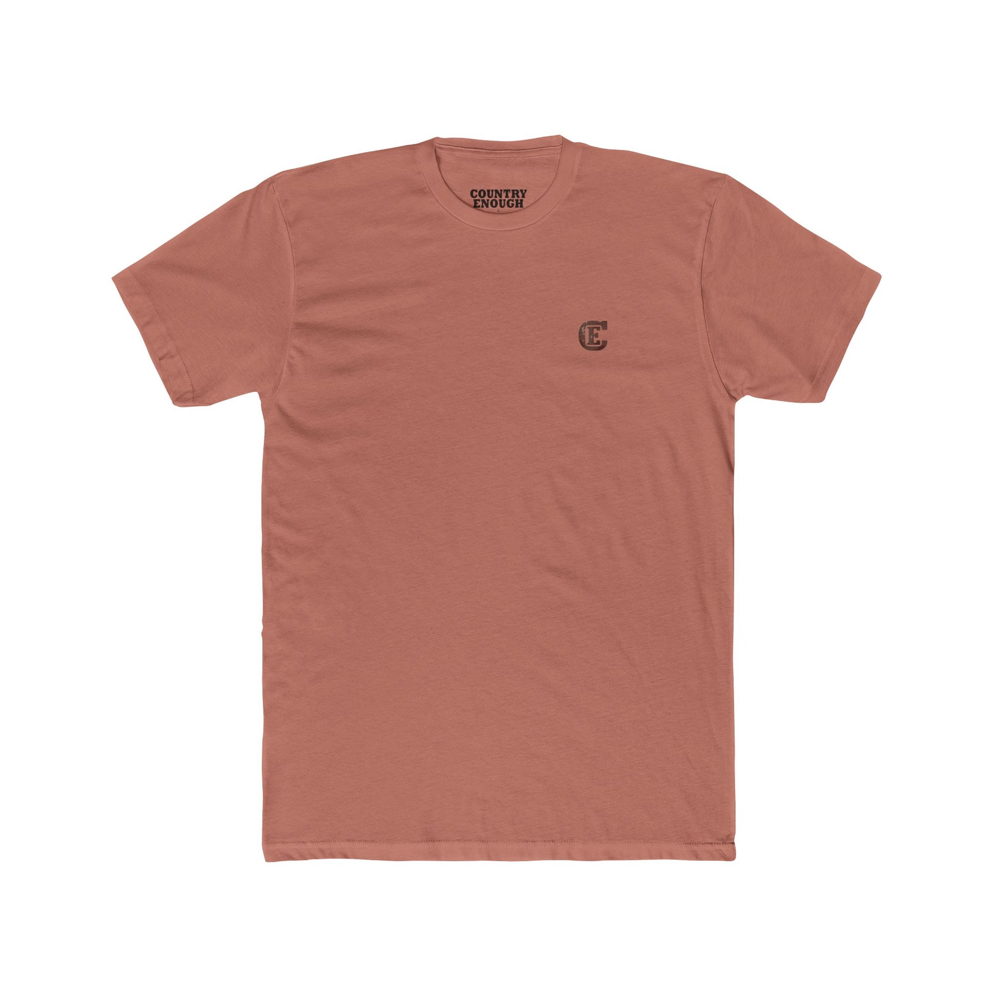 Men's t-shirt with graphic of bison, goat, and chicken on western landscape with scroll reading rooted in the west and CE logo #desertpink