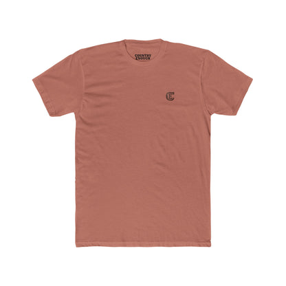 Men's t-shirt with graphic of bison, goat, and chicken on western landscape with scroll reading rooted in the west and CE logo #desertpink