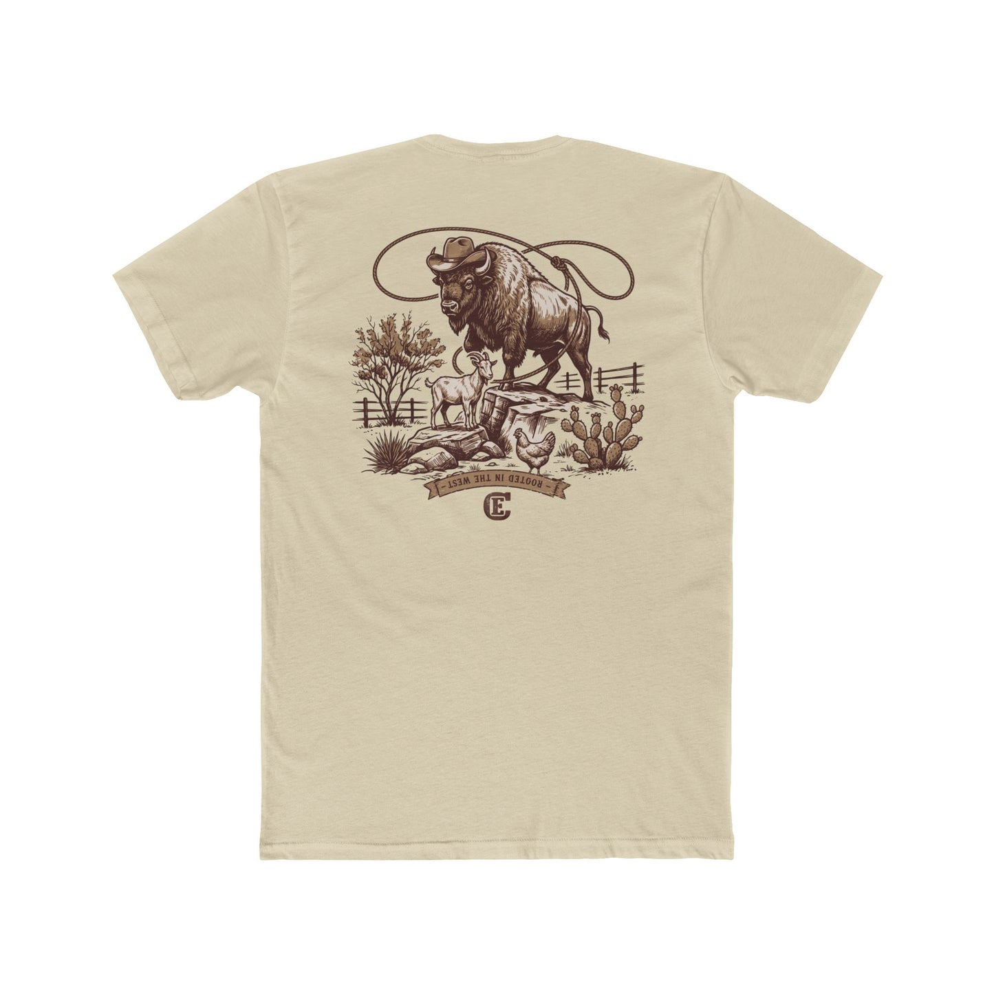 Men's t-shirt with graphic of bison, goat, and chicken on western landscape with scroll reading rooted in the west and CE logo #cream