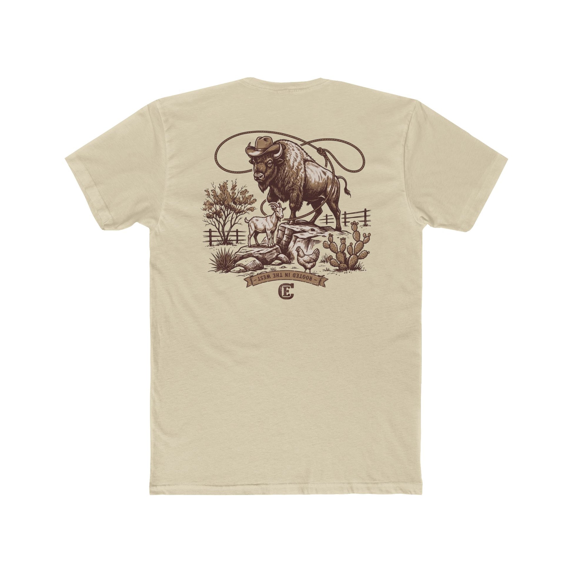 Men's t-shirt with graphic of bison, goat, and chicken on western landscape with scroll reading rooted in the west and CE logo #cream