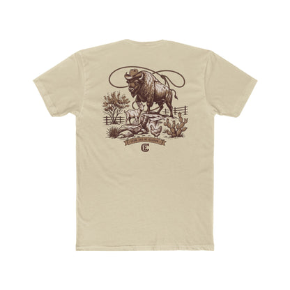 Men's t-shirt with graphic of bison, goat, and chicken on western landscape with scroll reading rooted in the west and CE logo #cream