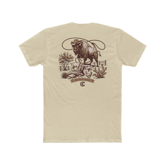 Men's t-shirt with graphic of bison, goat, and chicken on western landscape with scroll reading rooted in the west and CE logo #cream
