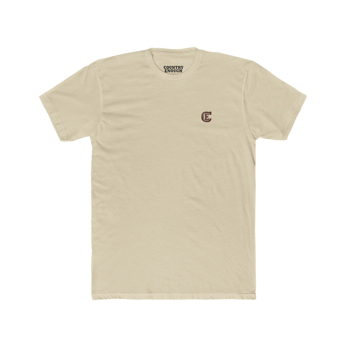Men's t-shirt with graphic of bison, goat, and chicken on western landscape with scroll reading rooted in the west and CE logo #cream