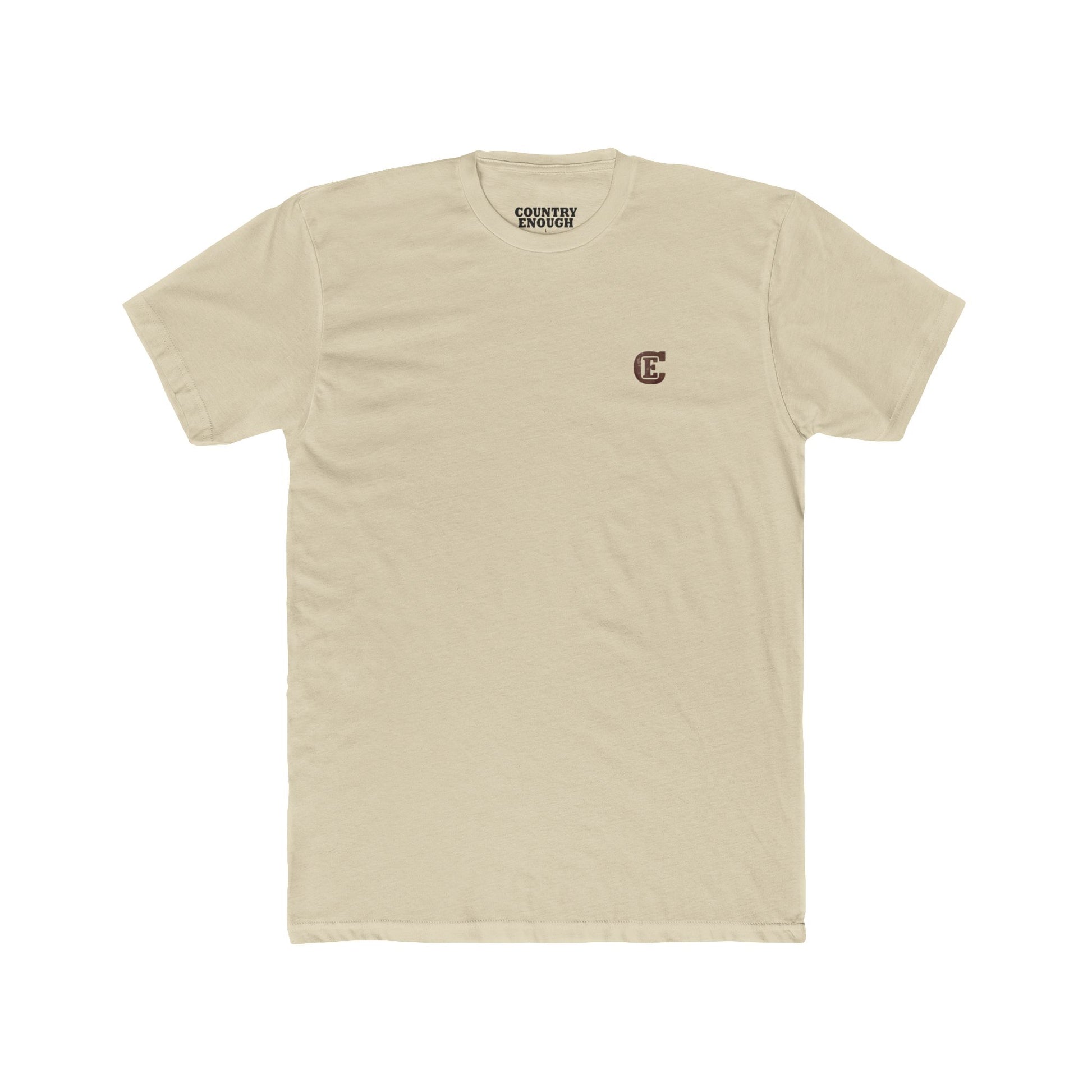 Men's t-shirt with graphic of bison, goat, and chicken on western landscape with scroll reading rooted in the west and CE logo #cream
