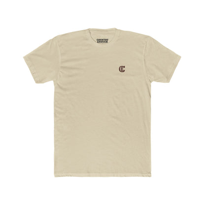 Men's t-shirt with graphic of bison, goat, and chicken on western landscape with scroll reading rooted in the west and CE logo #cream