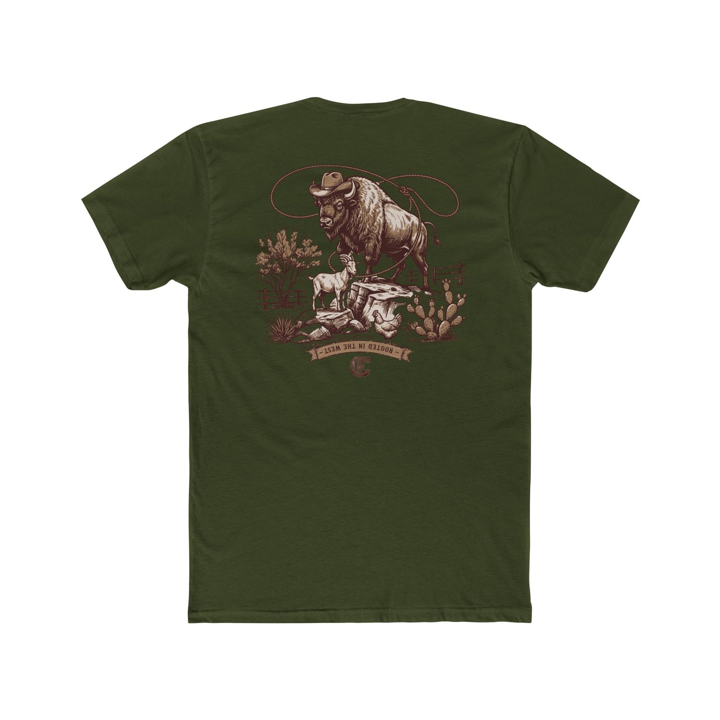 Men's t-shirt with graphic of bison, goat, and chicken on western landscape with scroll reading rooted in the west and CE logo #militarygreen