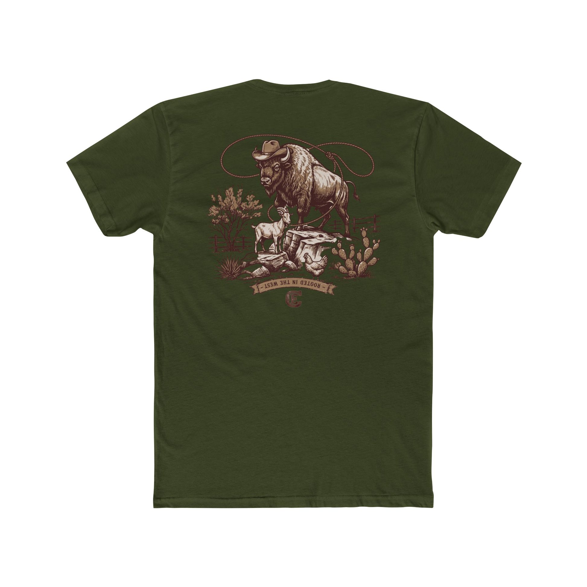 Men's t-shirt with graphic of bison, goat, and chicken on western landscape with scroll reading rooted in the west and CE logo #militarygreen