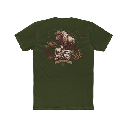 Men's t-shirt with graphic of bison, goat, and chicken on western landscape with scroll reading rooted in the west and CE logo #militarygreen