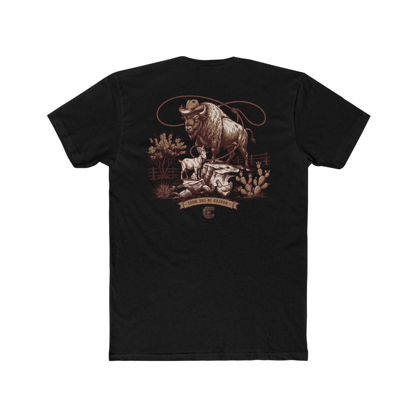 Men's t-shirt with graphic of bison, goat, and chicken on western landscape with scroll reading rooted in the west and CE logo #black