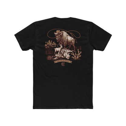 Men's t-shirt with graphic of bison, goat, and chicken on western landscape with scroll reading rooted in the west and CE logo #black